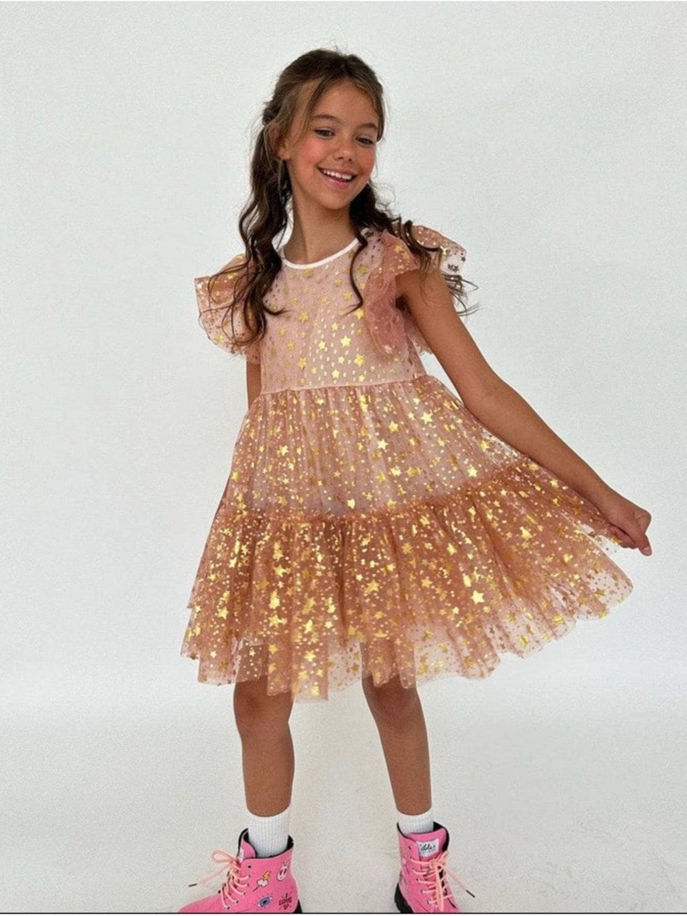 Lola + The Boys Pink Gold Star Tulle Party Dress